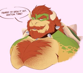 1boy bara beard biceps bowser chest_hair collar commentary english_commentary facial_hair furry furry_male highres horns looking_at_viewer male_focus mario_(series) muscular muscular_male nintendo open_mouth pebssecretstash pectorals red_hair speech_bubble spiked_collar spiked_shell spikes topless_male white_background