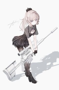 1girl absurdres artist_name belt black_belt black_boots black_ribbon black_shirt black_skirt bolt_action boots cheyanne_(girls'_frontline_2) cheyanne_(maiden_debut)_(girls'_frontline_2) cheytac_m200 cleavage_cutout closed_mouth clothing_cutout commentary_request dot_mouth expressionless flat_chest girls'_frontline girls'_frontline_2:_exilium grey_eyes grey_hair grey_pantyhose gun hair_ornament high_heel_boots high_heels highres holding holding_gun holding_weapon long_hair m200_(girls'_frontline) neck_ribbon pantyhose pleated_skirt ponytail qiu_ri ribbon rifle scope see-through_clothes see-through_shirt shirt shirt_tucked_in signature simple_background skirt sniper_rifle solo standing suppressor weapon white_background