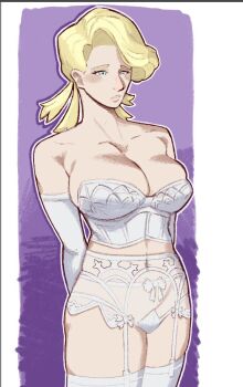 1girl arms_behind_back blonde_hair blue_eyes breasts bustier cisarlil cleavage commentary cowboy_shot elbow_gloves english_commentary furrowed_brow garter_belt glacia_(pokemon) gloves large_breasts lingerie looking_at_viewer mature_female navel nintendo panties pokemon pokemon_oras quad_tails short_hair solo thighhighs underwear white_bustier white_gloves white_panties white_thighhighs