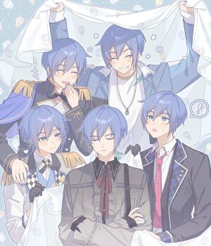 ! +++ 25-ji_kaito 5boys ^_^ akii_0915 arms_up black_gloves black_jacket blanket blue_cape blue_eyes blue_hair blue_jacket breast_pocket buttons cape checkered_clothes closed_eyes collared_jacket collared_shirt commentary_request crew_neck crossed_arms dot_nose dotted_background double-breasted double-parted_bangs epaulettes gloves grey_jacket grey_shirt grin hair_between_eyes hand_on_another's_shoulder highres holding holding_blanket ice_cream_cone jacket jewelry kaito_(vocaloid) lapels laughing leo/need_kaito long_sleeves looking_at_another looking_up male_focus more_more_jump!_kaito multiple_boys multiple_persona necklace necktie nervous_sweating open_clothes open_collar open_jacket plaid_clothes pocket project_sekai red_necktie sailor_collar shirt side_cape sleeping smile speech_bubble spoken_exclamation_mark sweat t-shirt teeth torn_clothes torn_sleeves vivid_bad_squad_kaito vocaloid white_shirt wing_collar wonderlands_x_showtime_kaito zzz