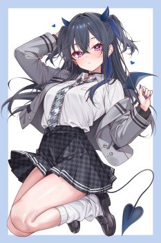 1girl absurdres amaki_daisuke black_choker black_hair black_skirt blazer blue_border blue_horns blue_streaks blue_tail blue_wings blush border breast_pocket breasts choker collared_shirt commentary crossed_bangs demon_girl demon_horns demon_tail demon_wings dress_shirt full_body gradient_horns gradient_tail gradient_wings grey_jacket grey_necktie hair_between_eyes highres horns houndstooth ichinose_uruha ichinose_uruha_(6th_costume) jacket kneehighs lapels loafers long_hair long_sidelocks long_sleeves looking_at_viewer loose_socks lupinus_virtual_games midair mini_wings miniskirt multicolored_hair multicolored_horns multicolored_wings necktie notched_lapels off_shoulder open_clothes open_jacket parted_lips pleated_skirt pocket print_necktie purple_eyes school_uniform shirt shirt_tucked_in shoes sidelocks simple_background skirt small_horns socks solo streaked_hair symbol-only_commentary tail two_side_up virtual_youtuber vspo! white_background white_shirt white_socks wings