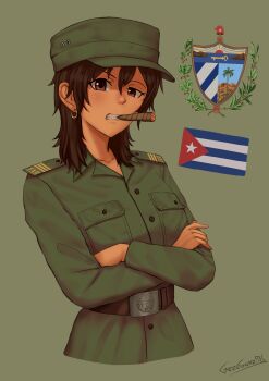 1girl absurdres belt breast_pocket brown_belt brown_eyes brown_hair cigar cold_war commentary crossed_arms cuba cuban_army cuban_flag earrings emblem english_commentary green_background green_hat green_shirt grzegorz1996 hat highres hoop_earrings jewelry military military_uniform original peaked_cap pocket shirt shoulder_boards simple_background smoking upper_body