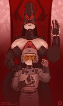 1boy 1girl absurdres arm_up artist_name black_helmet black_lips bluesky_logo bluesky_username breasts cleavage clenched_hand command_&amp;_conquer covered_eyes curvy gdi_soldier gloves hand_on_another&#039;s_shoulder helmet helmet_over_eyes highres huge_breasts looking_at_viewer mask military_uniform mrfuga nod_soldier tall_female tinted_eyewear twitter_username twitter_x_logo yellow-tinted_eyewear