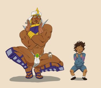 1boy abs alternate_skin_color bara battle_tendency child crossover dark-skinned_male dark_skin demonicboimike earrings face_piercing frisk_(undertale) highres hoop_earrings jewelry jojo_no_kimyou_na_bouken light-skinned_palms light-skinned_soles lip_piercing lip_ring looking_at_viewer male_focus muscular muscular_male navel piercing squatting thick_eyebrows thick_lips undertale utdr_(toby_fox) wamuu
