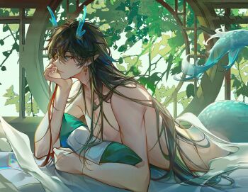 1boy aqua_eyes artist_request black_hair closed_mouth dan_heng_(honkai:_star_rail) dan_heng_(imbibitor_lunae)_(honkai:_star_rail) dragon_boy dragon_horns earrings eyeliner hair_between_eyes highres honkai:_star_rail honkai_(series) horns jewelry long_hair makeup male_focus nude pointy_ears red_eyeliner solo source_request topless_male yin01582942