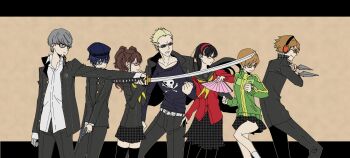 3boys 4girls absurdres amagi_yukiko bbdbbdbud black_hair black_jacket black_pants black_skirt blonde_hair blue_eyes blue_hair brown_background brown_eyes brown_hair cardigan closed_mouth collared_shirt folding_fan glasses green_jacket grey_eyes grey_hair gun hanamura_yousuke hand_fan handgun hat headphones highres holding holding_fan holding_gun holding_kunai holding_sword holding_weapon houndstooth jacket katana kujikawa_rise kunai letterboxed long_hair long_sleeves looking_to_the_side multiple_boys multiple_girls narukami_yu pants persona persona_4 pleated_skirt red_cardigan revolver satonaka_chie school_uniform shirogane_naoto shirt short_hair simple_background skirt standing sword tatsumi_kanji weapon white_shirt yasogami_school_uniform