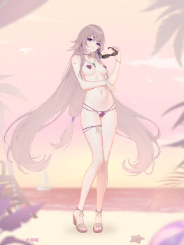 1girl alternate_costume arm_tattoo artist_name ball bare_legs beach beachball bikini bikini_bottom_only blurry blurry_background blurry_foreground breasts brown_hair chinese_commentary closed_mouth commentary_request depth_of_field evening full_body heart_pasties herta_(honkai:_star_rail) high_heel_sandals high_heel_slides highres holding holding_removed_eyewear honkai:_star_rail honkai_(series) legs long_hair looking_at_viewer medium_breasts nail_polish navel off_shoulder orange_sky outdoors pasties purple_bikini purple_eyes purple_nails sandals sky smile solo standing stomach sunglasses swimsuit tattoo the_herta_(honkai:_star_rail) thighs toenail_polish toenails topless_female unworn_eyewear very_long_hair yunkaiming