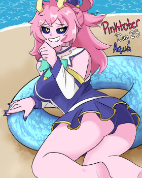 1girl absurdres acidart aqua_(konosuba) aqua_(konosuba)_(cosplay) artist_name ashido_mina black_sclera boku_no_hero_academia colored_sclera colored_skin cosplay female_focus highres horns kono_subarashii_sekai_ni_shukufuku_wo! pink_hair pink_skin solo yellow_eyes yellow_horns