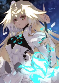 Rule 34 | 1girl, arm behind head, arm up, armor, blonde hair, edda (kaimu0930), fate/grand order, fate (series), feathers, glowing, hair between eyes, head on knee, highres, holding, holding scale, holding wand, jeanne d'arc (fate), jewelry, legwear cutout, long hair, long sleeves, looking at viewer, metatron jeanne (fate), metatron jeanne (third ascension) (fate), open mouth, pendant, solo, wand, white armor, white feathers, yellow eyes