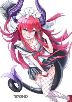 1girl absurdres alternate_costume black_sailor_collar black_skirt blue_eyes blush breasts curled_horns dragon_horns dragon_tail elizabeth_bathory_(avenger)_(fate) elizabeth_bathory_(fate) fate/grand_order fate_(series) fishnet_pantyhose fishnets hair_ribbon highres horns long_hair looking_at_viewer maid_headdress miniskirt open_mouth pantyhose red_hair ribbon sailor_collar school_uniform serafuku shirt short_sleeves skirt small_breasts solo tail tdysho thighhighs thighs two_side_up white_background white_shirt white_thighhighs