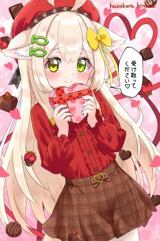 Rule 34 | 1girl, ahoge, animal ears, beret, blonde hair, blush, bow, box, brown skirt, buttons, cat ears, chocolate, commentary request, green eyes, hair bow, hair ornament, hat, hazakura hinata, heart, heart-shaped box, heterochromia, highres, holding, kurumi (hazakura hinata), long hair, long sleeves, looking at viewer, original, plaid clothes, plaid skirt, shirt, shirt tucked in, skirt, smile, solo, speech bubble, translation request, valentine, yellow bow