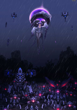 1girl absurdres ahoge armored_footwear armored_shoes bare_shoulders breasts cleavage covered_navel detached_sleeves floating frills full_body glowing glowing_eyes goddess_of_victory:_nikke hair_between_eyes hair_intakes heretics_(nikke) highres jellyfish jellyfish_girl leotard levitation liberalio_(nikke) long_sleeves looking_at_viewer medium_breasts noorung pantyhose purple_hair purple_trim rain rapture_(nikke) red_eyes short_hair sleeves_past_fingers sleeves_past_wrists solo white_leotard white_pantyhose