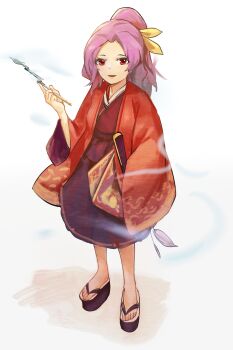1girl commentary_request dragon flip-flops folded_fan folding_fan geta hand_fan highres holding holding_smoking_pipe japanese_clothes kimono kiseru komakusa_sannyo long_hair medium_skirt open_mouth ponytail purple_hair purple_skirt red_eyes red_kimono red_robe ribbon robe sandals siyumu skirt smoke smoking_pipe solo tobacco touhou wide_sleeves yellow_ribbon