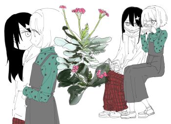 2girls aoki_mizu black_hair book cellphone crocs dress flower green_sweater grey_dress hair_ornament hairband holding holding_book holding_phone hood hoodie invisible_chair loafers long_hair long_sleeves looking_at_another mask mask_pull mouth_mask multiple_girls multiple_views original pants partially_colored phone pinafore_dress pink_flower plaid_clothes plaid_pants print_sweater red_pants shoes short_hair side-by-side sitting sleeveless sleeveless_dress smartphone surgical_mask sweater