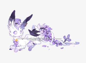 Rule 34 | alternate color, alternate shiny pokemon, animal focus, bandaged leg, bandages, chinese commentary, colored sclera, commentary request, commission, flower, full body, gen 4 pokemon, highres, kamier586, leafeon, lying, nintendo, no humans, original, pokemon, pokemon (creature), pokemon focus, purple flower, purple sclera, sample watermark, simple background, solo, star (symbol), watermark, white background, white eyes, white fur, wisteria