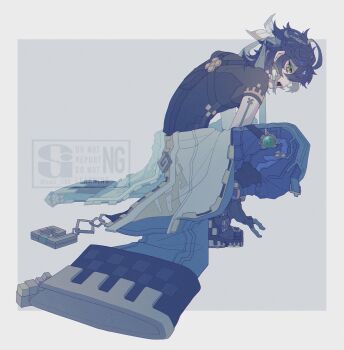 1boy arm_tattoo black_boots black_gloves black_hair blue_pants boots braid clothes_around_waist commentary_request earrings genshin_impact gloves green_eyes green_hair green_headband grey_background hair_between_eyes headband highres jewelry kinich_(genshin_impact) looking_at_viewer male_focus multicolored_hair open_mouth pants shirt short_hair short_sleeves solo squatting streaked_hair suii_ii00 tattoo twitter_username vision_(genshin_impact) watermark