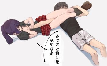 1boy 1girl arm_around_leg arm_between_legs armbar bare_legs black_shirt black_socks brown_hair clothes_lift convenient_arm faceless feet_out_of_frame flat_chest from_above full_body grey_background grey_shirt holding_another&#039;s_arm japanese_text loli looking_at_another lying medium_hair on_floor on_ground original plaid_clothes plaid_skirt purple_hair red_skirt shirt short_hair short_sleeves shorts shota simple_background skirt skirt_lift socks speech_bubble struggling t-shirt translation_request usule very_short_hair white_background white_shorts wrestling