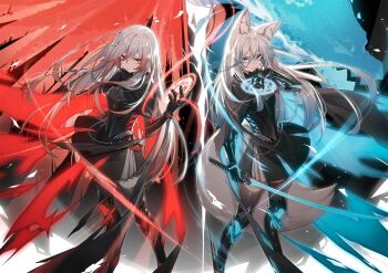 1girl animal_ear_fluff animal_ears black_cape black_dress black_gauntlets black_thighhighs blue_eyes cape dress grey_hair highres holding holding_sword holding_weapon katana long_hair looking_at_viewer magic_circle multiple_forms original red_eyes serious shangtianrudi_xiaobailang standing sword tail thighhighs very_long_hair weapon wolf_ears wolf_girl wolf_tail