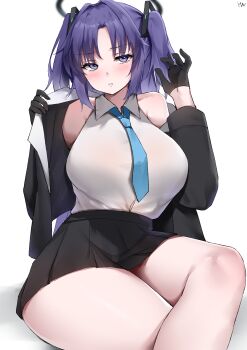 1girl absurdres bare_shoulders black_gloves black_jacket black_skirt blue_archive blush breasts commentary commentary_request crossed_legs gloves halo highres jacket large_breasts long_hair looking_at_viewer miniskirt pleated_skirt purple_eyes purple_hair removing_jacket shirt shirt_tucked_in signature sitting skirt sleeveless sleeveless_shirt solo thick_thighs thighs two_side_up white_shirt yanwulazy yuuka_(blue_archive)