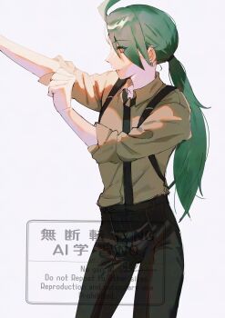 1girl absurdres androgynous awapontasu black_pants brown_shirt commentary_request contrapposto cowboy_shot earrings eyes_visible_through_hair green_hair highres jewelry nintendo pants pokemon pokemon_sv ponytail red_eyes rika_(pokemon) rolling_sleeves_up shirt sleeves_rolled_up solo suspenders watermark
