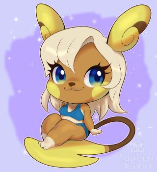 1girl :3 absurdres alolan_form alolan_raichu animal_ears animal_nose arm_at_side artist_name bare_shoulders barefoot bikini blonde_hair blue_bikini blush_stickers body_fur breasts brown_fur chibi chibi_only closed_mouth female_focus full_body furry furry_female gen_7_pokemon happy highres legs_together long_hair looking_to_the_side medium_breasts nintendo outline personification pokemon pokemon_(creature) purple_background queen_purrr sidelocks sitting smile solo sparkle swimsuit tail two-tone_fur watermark white_outline
