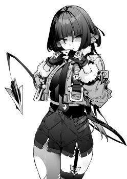 1girl absurdres animal_ears black_nails closed_mouth commentary_request enokido_(reido1177) fingerless_gloves fur_jacket gloves greyscale highres jacket jane_doe_(zenless_zone_zero) long_hair long_sleeves looking_at_viewer monochrome mouse_ears mouse_girl mouse_tail nail_polish simple_background single_thighhigh skirt solo tail thighhighs white_background zenless_zone_zero