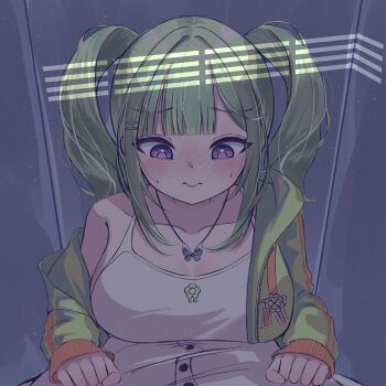 1boy 1girl artist_request blush breast_rest breasts butterfly_necklace camisole character_name closed_mouth commentary_request crack_of_light from_above green_hair green_jacket hair_ornament hairclip hands_on_another's_chest highres in_locker jacket korean_commentary large_breasts long_hair long_sleeves multicolored_hair nose_blush open_clothes open_jacket parallel_hairclips parted_bangs pov purple_eyes purple_pupils raised_inner_eyebrows second-party_source single_off_shoulder sleeves_past_wrists solo_focus spaghetti_strap stellive streaked_hair sweat twintails unzipped virtual_youtuber white_camisole yuzuha_riko