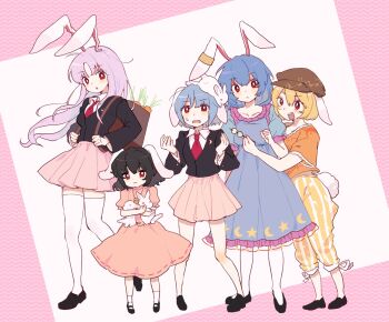 5girls animal animal_ears animal_hug animal_on_head bamboo bamboo_forest black_hair black_jacket blazer blonde_hair blue_dress blue_hair blush brown_hat carrot_necklace closed_mouth collarbone collared_shirt commentary crescent crescent_pin crescent_print dress earclip flat_cap floppy_ears forest hat height_difference highres holding holding_skewer inaba_tewi jacket jewelry long_hair long_sleeves looking_at_viewer multiple_girls nature necklace necktie on_head open_mouth orange_shirt pants pink_dress pink_skirt pleated_skirt print_dress puffy_short_sleeves puffy_sleeves purple_hair rabbit rabbit_ears rabbit_girl rabbit_tail red_eyes red_necktie reisen_(touhou_bougetsushou) reisen_udongein_inaba ringo_(touhou) seiran_(touhou) seiryo0425 shirt short_hair short_sleeves skewer skirt smile socks star_(symbol) star_print striped_clothes striped_pants sweatdrop symbol-only_commentary tail thighhighs touhou vertical-striped_clothes vertical-striped_pants very_long_hair white_shirt white_socks white_thighhighs yellow_pants