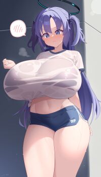 1girl absurdres black_bra black_shorts blue_archive blue_eyes blush bra bra_visible_through_clothes breasts closed_mouth commentary_request curvy embarrassed gabai gym_uniform hair_between_eyes halo highres huge_breasts long_hair mechanical_halo navel outdoors purple_hair see-through_clothes shirt short_shorts short_sleeves shorts spoken_blush standing sweat thighs tied_shirt underwear v-shaped_eyebrows wet wet_clothes wet_shirt white_shirt yuuka_(blue_archive)