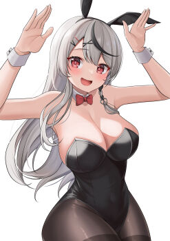 1girl absurdres alternate_costume animal_ears arms_up bare_arms black_leotard black_pantyhose black_streaks blush bow bowtie braid breasts cleavage commentary_request cowboy_shot curvy detached_collar fake_animal_ears fang hair_ornament hairclip highres hololive large_breasts leotard long_hair looking_at_viewer multicolored_hair open_mouth pantyhose playboy_bunny rabbit_ears rabbit_pose ramkilog red_bow red_bowtie red_eyes sakamata_chloe simple_background single_braid skin_fang smile solo strapless strapless_leotard streaked_hair thighband_pantyhose virtual_youtuber white_background white_wrist_cuffs wrist_cuffs x_hair_ornament