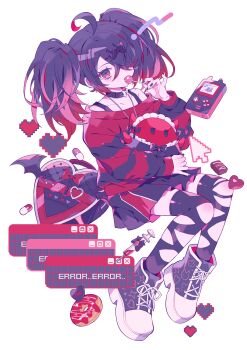 1girl absurdres ahoge alternate_costume ame-chan_(needy_girl_overdose) artist_request black_bow black_choker black_eyes black_hair black_nails black_shoes black_skirt black_thighhighs bow candy chocolate choker collarbone commentary cursor donut fingernails food gothic_punk hair_bow hair_over_one_eye handheld_game_console heart highres holding holding_candy holding_food holding_lollipop holding_stuffed_toy jewelry lollipop long_sleeves medicine miniskirt nail_polish necklace needy_girl_overdose off-shoulder_shirt off_shoulder one_eye_covered pixel_heart punk second-party_source shirt shoes short_twintails simple_background skirt stuffed_animal stuffed_toy symbol-only_commentary syringe thighhighs torn_clothes torn_thighhighs twintails two-tone_shirt white_background window_(computing)