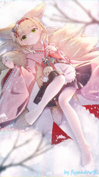 1girl absurdres animal_ears apron arknights blonde_hair chinese_commentary commentary flyshadow fox_ears fox_girl fox_tail frilled_apron frills green_eyes hairband highres japanese_clothes kimono kitsune lying multiple_tails official_alternate_costume pantyhose pink_kimono skirt solo suzuran_(arknights) suzuran_(yukibare)_(arknights) tail white_apron white_pantyhose