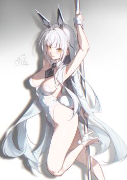 1girl absurdres animal_ears ankle_strap annasui_factory arm_behind_back arm_up armpits artist_name bare_arms bare_legs bare_shoulders black_necktie blanc_(nikke) blunt_bangs blush breasts chromatic_aberration commentary dated detached_collar drop_shadow english_commentary fake_tail fang fingernails foot_out_of_frame goddess_of_victory:_nikke gradient_background grey_background high_heels highleg highleg_leotard highres large_breasts leg_up leotard long_hair looking_at_viewer mechanical_ears medium_breasts nail_polish neckerchief necktie paid_reward_available parted_lips playboy_bunny pole pole_dancing pumps rabbit_ears rabbit_tail shirt short_necktie skin_fang smile solo standing standing_on_one_leg strapless strapless_leotard stripper_pole tail twitter_username two-tone_background very_long_hair white_background white_hair white_leotard white_nails white_neckerchief white_shirt wrist_cuffs yellow_eyes
