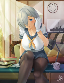 10s 1girl 2016 analog_clock arm_at_side arm_support battleship black_pantyhose blue_eyes blue_skirt blush book book_stack bookmark breasts cleavage clock closed_mouth collarbone couch crotch_seam cup curtains darkmaya dated desk desk_lamp drawer earrings female_focus floating_curtains glass gloves hair_ornament hair_over_one_eye hairclip hamakaze_(kancolle) hand_on_own_head heart_lock_(kantai_collection) indoors jewelry kantai_collection lamp large_breasts lock looking_at_viewer military military_vehicle miniskirt model mug on_desk padlock pantyhose pink_lips plant pleated_skirt potted_plant ribbon school_uniform serafuku shade ship shirt short_hair short_sleeves signature silver_hair sitting skirt sliding_doors smile solo sunlight transparent tucking_hair upskirt warship watercraft white_gloves white_shirt wind yellow_ribbon