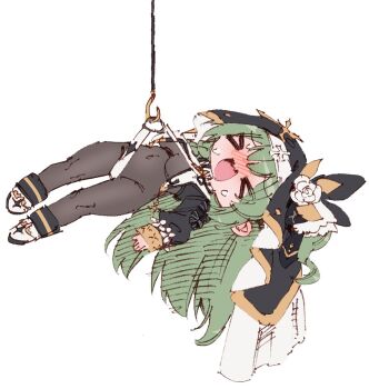 >_< 1girl blush bodystocking bodysuit boots borrowed_character braid breasts chibi closed_eyes crotch_strap fish_hook flower full_body green_hair hanging highres hook huanxiang_koudai_meow indie_virtual_youtuber long_hair long_sleeves medium_breasts nose_blush nun o-ring open_mouth original puffy_long_sleeves puffy_sleeves raised_inner_eyebrows rope rune_(dualhart) second-party_source simple_background sketch solo sweat very_long_hair virtual_youtuber wavy_mouth white_background white_boots white_flower