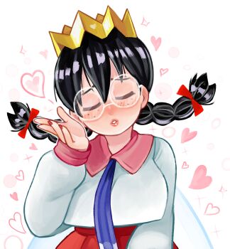 Rule 34 | 1girl, archived source, black hair, blowing kiss, blush, bow, braid, closed eyes, crown, drawfag, fairy, fairy wings, freckles, hair bow, heart, highres, kirby (series), kirby 64, long hair, low twin braids, nail polish, nintendo, parted lips, red bow, red nails, ripple star queen, twin braids, wings