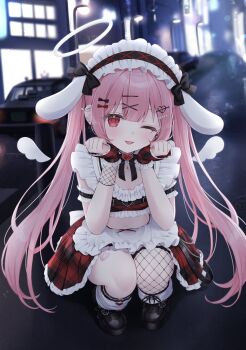 1girl amatsuka_eru animal_ear_hairband animal_ears apron armlet black_ribbon black_shoes blurry blurry_background brooch closed_mouth crop_top detached_wings fake_animal_ears fingerless_gloves fishnet_gloves fishnets frilled_skirt frills full_body gloves hairband halo heart heart_brooch highres indie_virtual_youtuber jewelry leg_warmers long_hair looking_at_viewer midriff miniskirt navel night one_eye_closed outdoors pink_hair plaid_clothes plaid_skirt rabbit_ear_hairband rabbit_ears red_eyes red_skirt ribbon second-party_source shano_hiyori shoes single_fishnet_legwear skirt smile solo squatting tongue tongue_out twintails virtual_youtuber waist_apron white_hairband wings