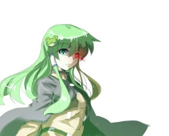 1girl akatsuki_blitzkampf black_cape brown_jacket cape cosplay crossover frog_hair_ornament glowing glowing_eye green_eyes green_hair hair_between_eyes hair_ornament hair_tubes jacket kiryuuinn115 kochiya_sanae long_hair long_sleeves looking_at_viewer m.u.g.e.n military_uniform mismatched_eyes murakumo_(akatsuki_en-eins) murakumo_(akatsuki_en-eins)_(cosplay) red_eyes single_hair_tube solo touhou white_background