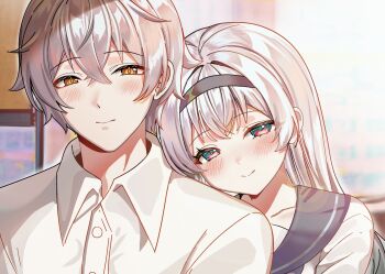 1boy 1girl blush brown_hairband buttons caelus_(honkai:_star_rail) closed_mouth collared_shirt commentary_request devl_ga_aru firefly_(honkai:_star_rail) gradient_eyes gradient_hair grey_hair grey_sailor_collar hair_between_eyes hair_intakes hairband highres honkai:_star_rail honkai_(series) leaning_on_person long_hair multicolored_eyes multicolored_hair orange_eyes sailor_collar shirt smile trailblazer_(honkai:_star_rail) white_shirt