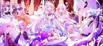 6+girls absurdres blue_eyes breasts cake cake_slice cleavage cyrene_(aedes_elysiae)_(honkai:_star_rail) cyrene_(honkai:_star_rail) cyrene_(ripples_of_past_reverie)_(honkai:_star_rail) diamond-shaped_pupils diamond_(shape) elf elf_elysia elysia_(herrscher_of_human:_ego)_(honkai_impact) elysia_(honkai_impact) elysia_(miss_pink)_(honkai_impact) elysia_(miss_pink_elf)_(honkai_impact) falkenhayn_mercenary_leader_(zenless_zone_zero) food halo highres honkai:_star_rail honkai_(series) honkai_impact_3rd large_breasts long_hair maid medium_hair mem_(honkai:_star_rail) mihoyo multiple_girls official_alternate_costume pink_eyes pink_hair pointy_ears purple_eyes short_hair sparrow4193941 symbol-shaped_pupils very_long_hair zenless_zone_zero