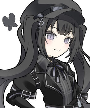 Rule 34 | 1girl, belt, belt buckle, black belt, black butterfly, black choker, black hair, black hat, black jacket, black ribbon, blush, buckle, bug, butterfly, center-flap bangs, choker, closed mouth, collared shirt, commentary, goggles, goggles on headwear, grey shirt, hair ornament, hairclip, hanahana 201215, hat, highres, insect, jacket, kurobe nanoka, lapels, long hair, looking at viewer, mahou shoujo no majo saiban, multiple belts, neck ribbon, newsboy cap, notched lapels, plaid clothes, plaid shirt, puffy short sleeves, puffy sleeves, purple eyes, ribbon, shirt, short sleeves, sidelocks, simple background, sleeve belt, sleeve garter, smile, solo, split mouth, twintails, upper body, white background, wing collar