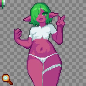 1girl bikini breasts colored_skin crop_top female_goblin goblin green_eyes green_hair grey_background hair_between_eyes hair_over_eyes looking_at_viewer medium_breasts midriff monster_girl navel open_mouth original panties pixel_art pointy_ears purple_skin ruvia_tan shirt short_hair simple_background smile solo standing swimsuit thigh_strap thong_bikini underwear upper_body white_shirt