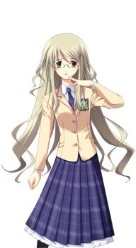 1girl black_pantyhose blazer breasts brown_jacket chaos;head collared_shirt curly_hair dress_shirt finger_to_mouth game_cg glasses green_eyes green_hair hair_ornament hairpin hand_up jacket kusunoki_yua long_hair long_sidelocks long_skirt looking_at_viewer matsuo_yukihiro miniskirt necktie non-web_source official_art open_mouth pantyhose petticoat plaid_clothes plaid_necktie plaid_skirt purple_necktie round_eyewear school_uniform science_adventure shirt sidelocks skirt small_breasts solo sprite suimei_academy_school_uniform transparent_background very_long_hair white_shirt winter_uniform worried