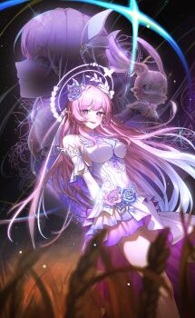 1girl absurdres bare_shoulders blurry blurry_foreground blush breasts commentary cyrene_(aedes_elysiae)_(honkai:_star_rail) cyrene_(honkai:_star_rail) cyrene_(ripples_of_past_reverie)_(honkai:_star_rail) dress flower gradient_hair hair_flower hair_ornament halo highres honkai:_star_rail honkai_(series) large_breasts long_hair looking_at_viewer mem_(honkai:_star_rail) multicolored_hair multiple_persona night night_sky open_mouth outdoors pink_flower pink_hair pink_rose pointy_ears purple_eyes rose sidelocks sky smile star_(sky) starry_sky very_long_hair white_dress yachae_(yachae1710)