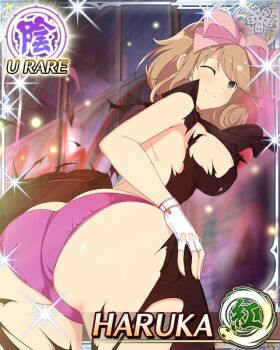 1girl ;) ass ass_focus black_jumpsuit border bow breasts brown_hair card_(medium) character_name closed_mouth curled_ends exploding_clothes fingerless_gloves from_behind game_cg gloves green_eyes hair_bow haruka_(senran_kagura) jumpsuit large_breasts leaning_forward looking_at_viewer looking_back medium_hair night no_bra official_art one_eye_closed outdoors panties pink_bow pink_panties senran_kagura senran_kagura_new_wave smile solo swept_bangs third-party_source torn_clothes torn_jumpsuit underwear white_gloves