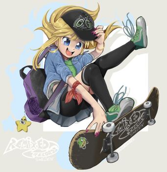 1girl backpack bag bag_charm baseball_cap bike_shorts bike_shorts_under_skirt black_thighhighs blonde_hair blue_eyes caramella_girls charm_(object) folded_ponytail hat highres long_sidelocks mindy_(caramella_girls) pleated_skirt remixed_records shoes short_hair short_hair_with_long_locks sidelocks skateboard skateboarding skirt sneakers solo thighhighs verafan4ever zettai_ryouiki