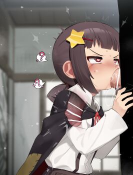 1boy 1girl ? absurdres age_difference bar_censor brown_hair brown_skirt cape censored collared_shirt confused deepthroat fellatio half-closed_eyes heart heart-shaped_pupils hetero highres komekko kono_subarashii_sekai_ni_shukufuku_wo! large_penis large_variant_set loli long_sleeves medium_hair mizumizuni oral penis pleated_skirt red_eyes saliva saliva_trail shirt sidelocks skirt solo_focus speech_bubble spoken_question_mark standing standing_fellatio star_(symbol) symbol-shaped_pupils tongue tongue_out transparent variant_set white_shirt x-ray