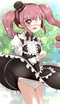 1girl black_dress black_hat blue_sky blush clothes_lift cowboy_shot day dot_nose dress dress_lift embarrassed eyepatch female_focus frilled_dress frills from_side gothic_lolita hanazono_yurine hand_up hat jashin-chan_dropkick lolita_fashion long_hair looking_at_viewer looking_to_the_side matching_hair/eyes open_mouth outdoors panties petite red_eyes red_hair sky solo standing twintails two-tone_dress underwear white_dress white_panties yuzukiaz