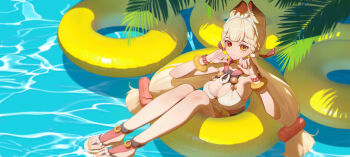 1girl absurdres afloat alice_thymefield alice_thymefield_(sea_of_thyme) animal_ears bare_shoulders blonde_hair bracelet breasts chinese_commentary cleavage commentary_request dress_swimsuit hair_ornament hairband heterochromia highres hy_jinx jewelry light_smile long_hair looking_at_viewer low_twintails medium_breasts nail_polish official_alternate_costume one-piece_swimsuit outdoors rabbit_ears rabbit_girl red_eyes shadow solo sphere_hair_ornament swim_ring swimsuit toenail_polish toenails twintails watch water white_hairband white_one-piece_swimsuit wristwatch yellow_eyes yellow_nails zenless_zone_zero