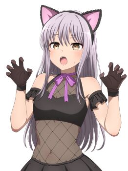 1girl absurdres animal_ear_hairband animal_ears bang_dream! blush breasts brown_eyes brown_gloves cat_ears claw_pose commentary fake_animal_ears gloves grey_hair hairband highres long_hair minato_yukina navel noshimurin open_mouth simple_background small_breasts solo sweatdrop teeth upper_teeth_only white_background